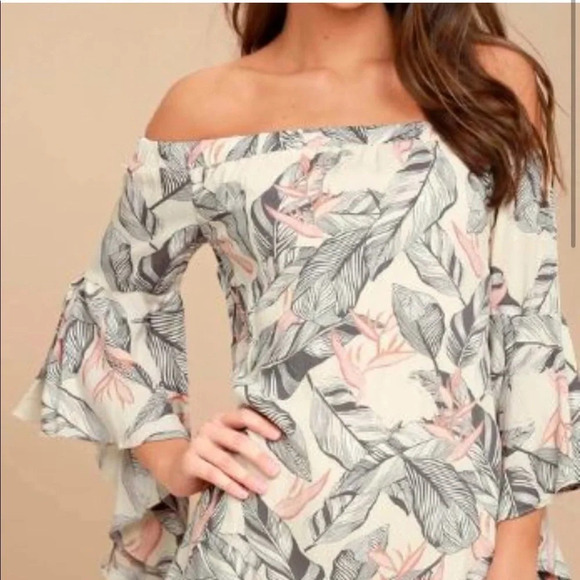 Lulus Sun-Drenched Daydream Beige Floral Print Off-the-Shoulder Dress Size XS - Picture 3 of 9
